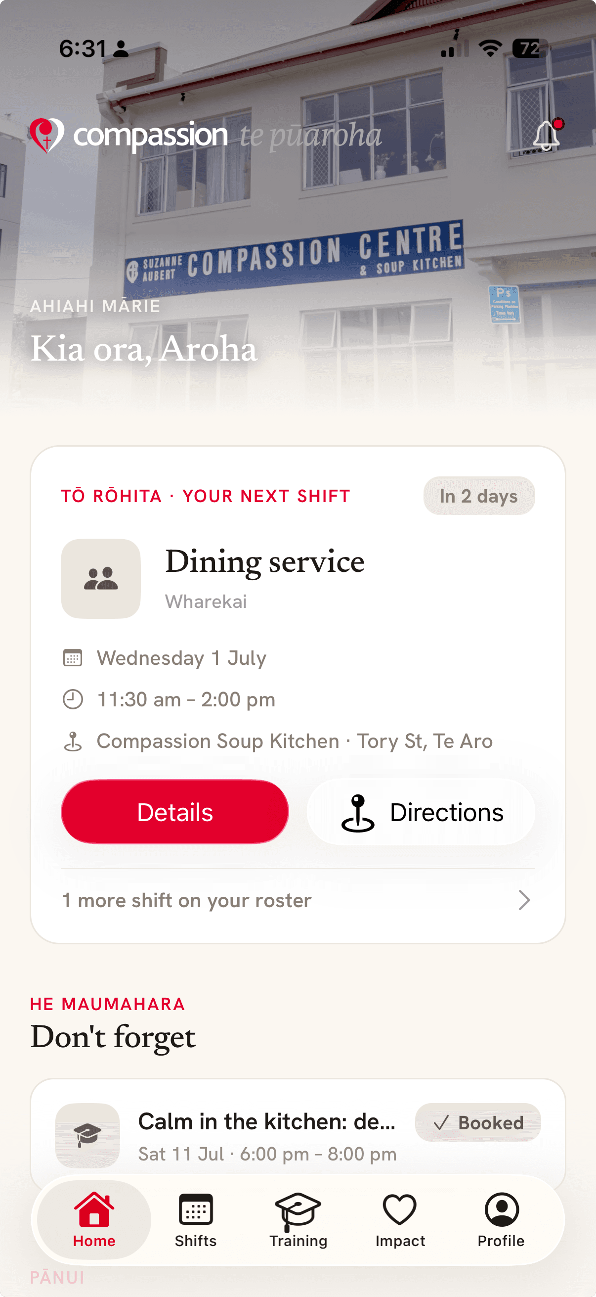 The Te Pūaroha app home screen, greeting Aroha with her next shift