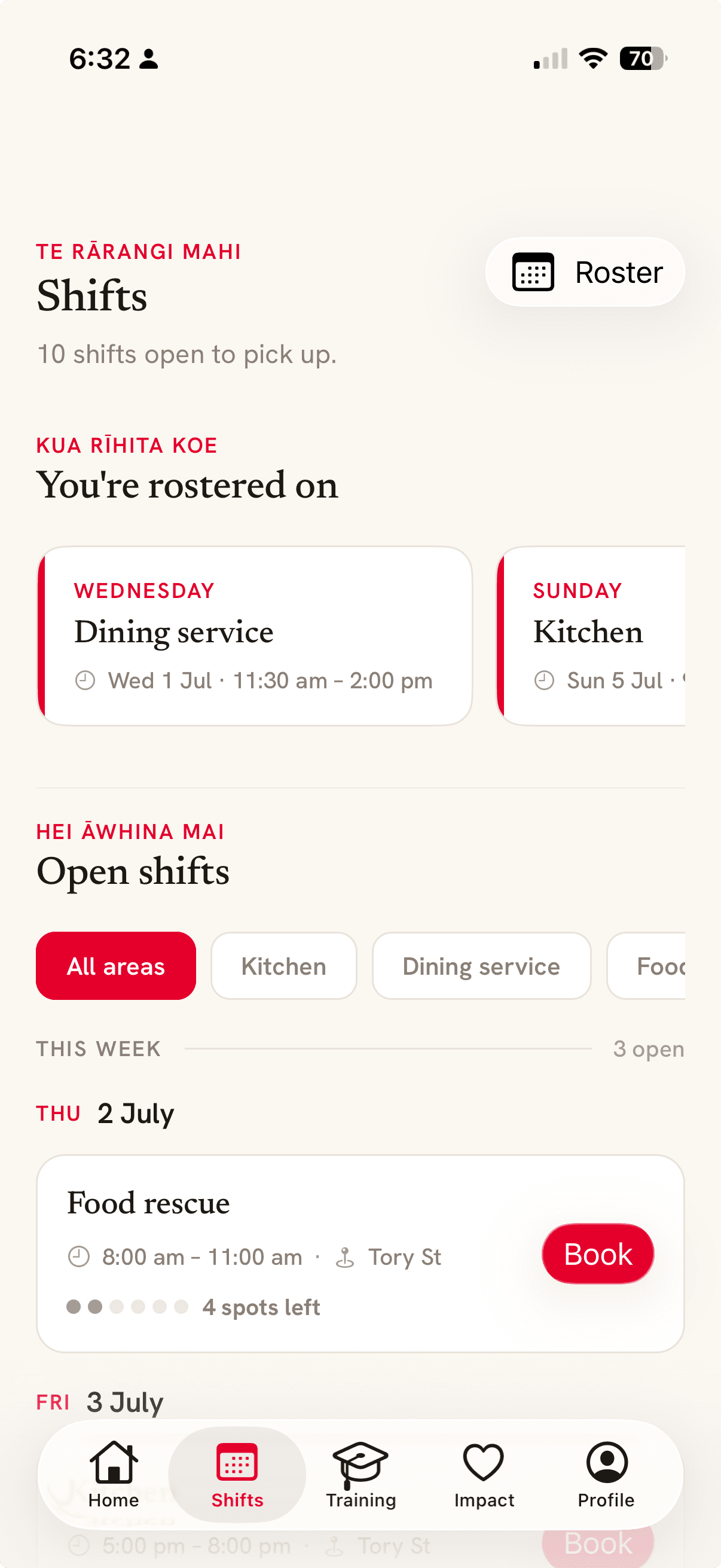 The Shifts screen, showing shifts you're rostered on and open shifts to pick up