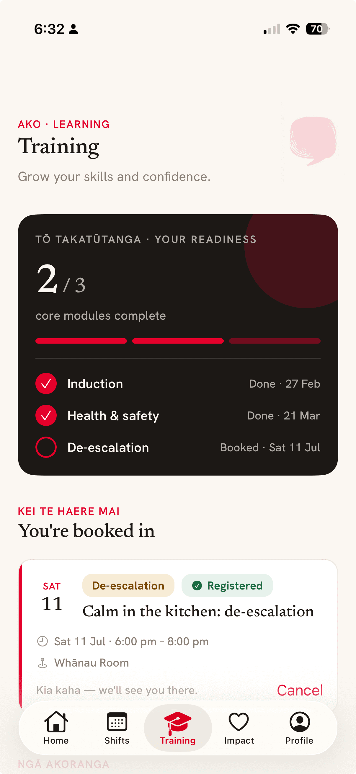 The Training screen, showing core modules complete and an upcoming booked session